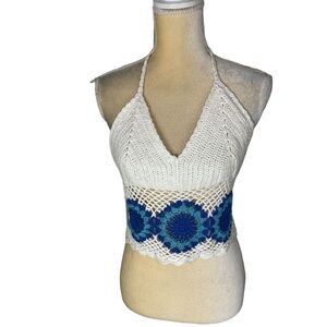 Say What Cream & Blue Crochet Cropped Halter Top Size M/L Cotton